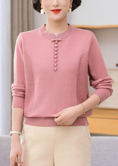 Loose Pink Zircon Chinese Button Knit Sweaters Winter