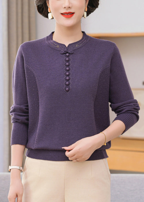Loose Pink Zircon Chinese Button Knit Sweaters Winter