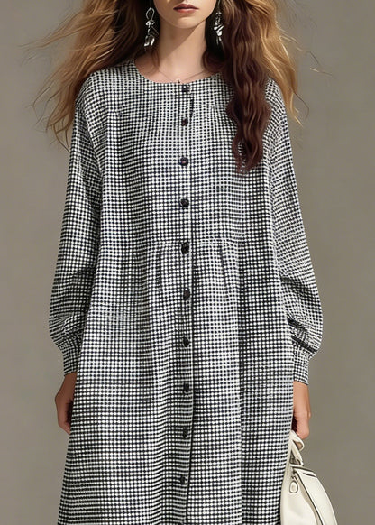 Loose Plaid Button Lace Patchwork Cotton Shirts Dress Spring