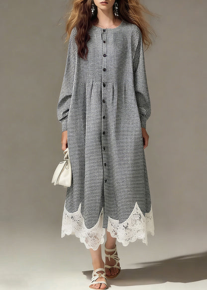 Loose Plaid Button Lace Patchwork Cotton Shirts Dress Spring