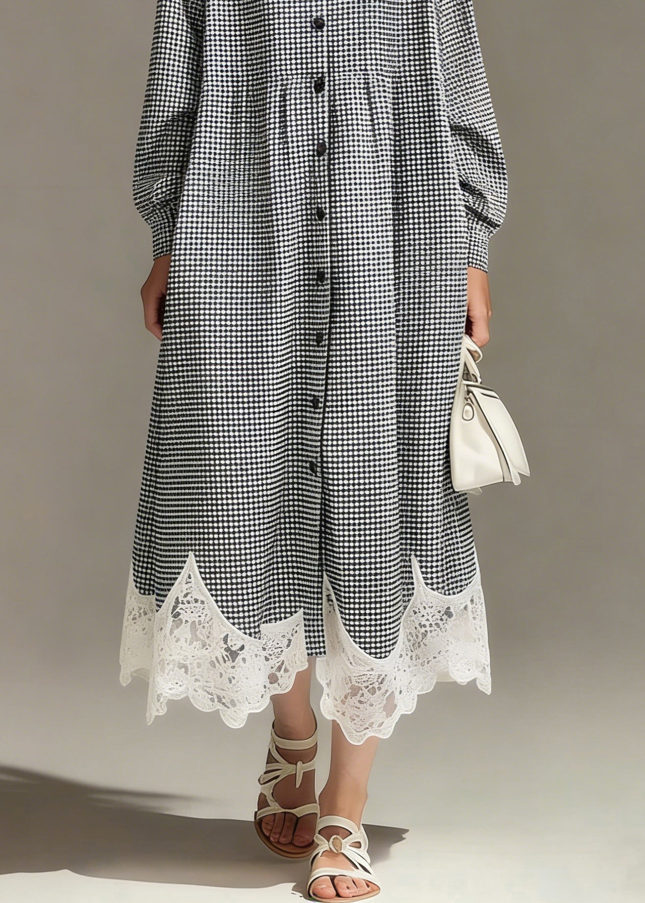 Loose Plaid Button Lace Patchwork Cotton Shirts Dress Spring