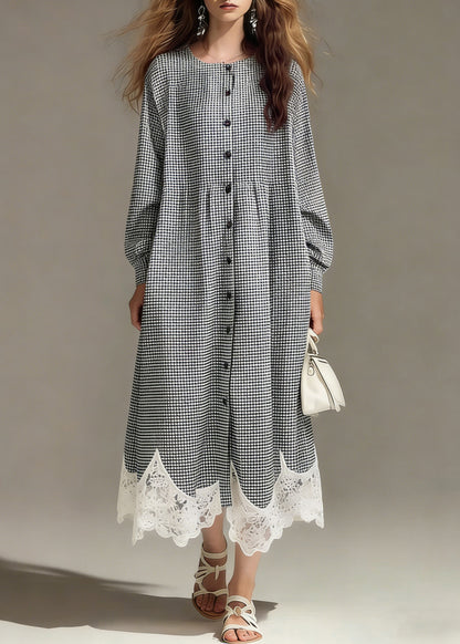 Loose Plaid Button Lace Patchwork Cotton Shirts Dress Spring