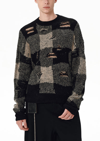 Loose Plaid Hole Patchwork Knit Men Sweater Tops Fall