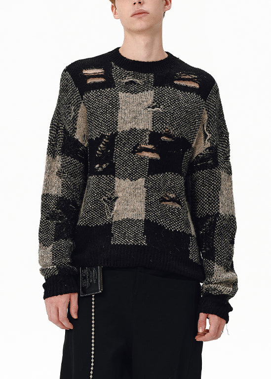 Loose Plaid Hole Patchwork Knit Men Sweater Tops Fall