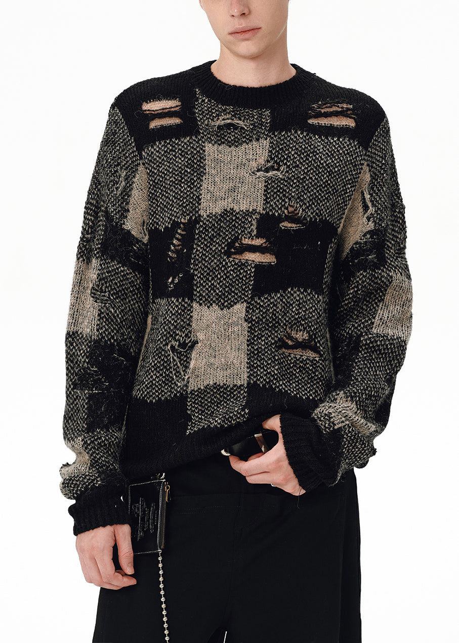Loose Plaid Hole Patchwork Knit Men Sweater Tops Fall