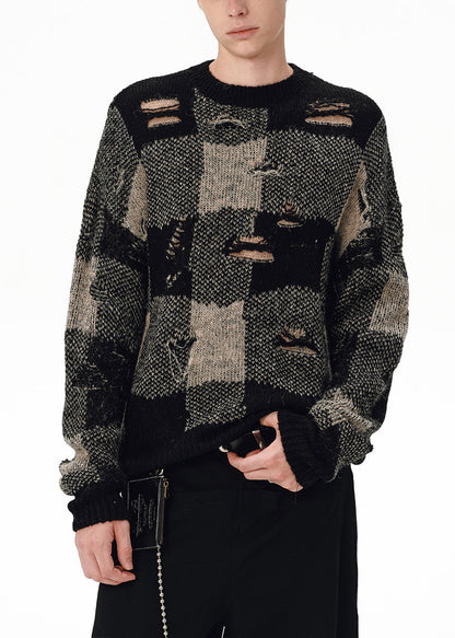 Loose Plaid Hole Patchwork Knit Men Sweater Tops Fall
