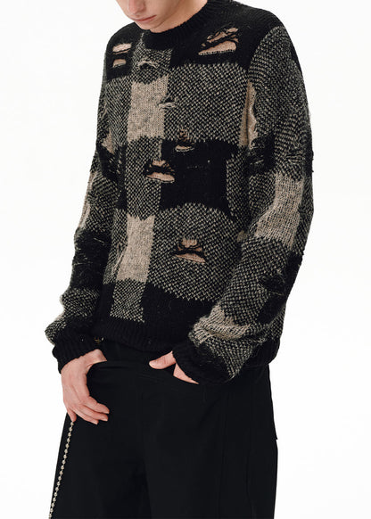 Loose Plaid Hole Patchwork Knit Men Sweater Tops Fall