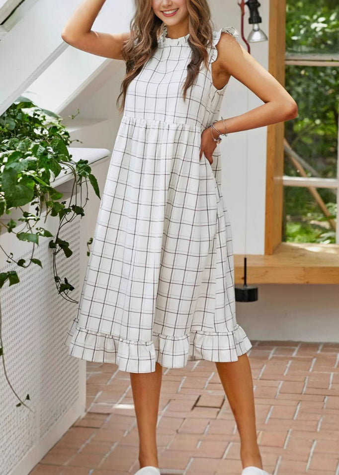 Loose Plaid Ruffled Original Design Cotton Dress Sleeveless