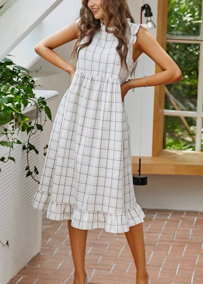 Loose Plaid Ruffled Original Design Cotton Dress Sleeveless