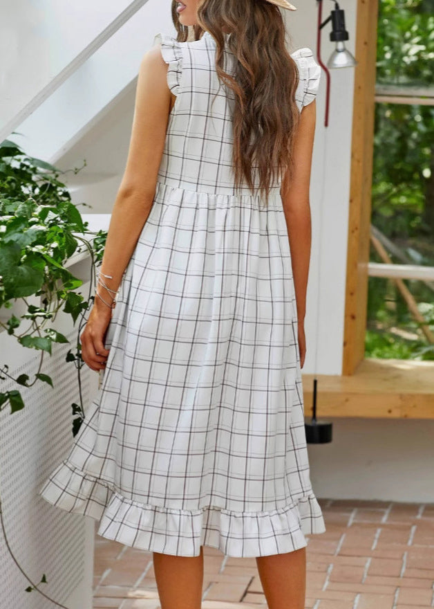 Loose Plaid Ruffled Original Design Cotton Dress Sleeveless