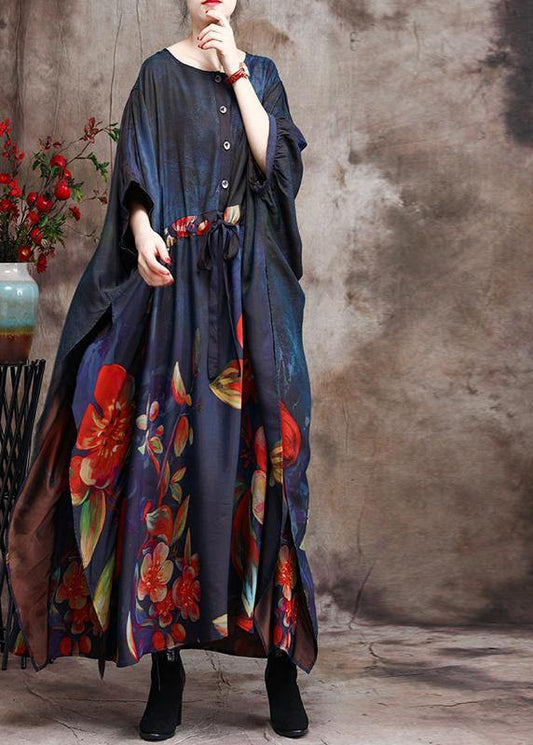 Loose Print Silk Dress Plus Size Tie Waist Maxi Dress - SooLinen
