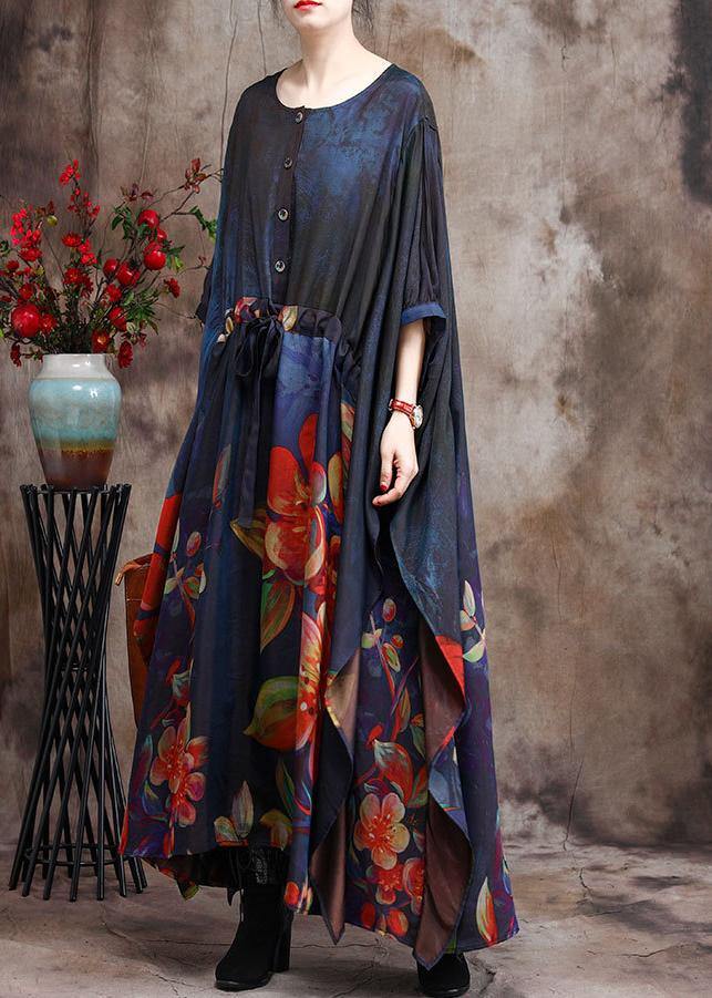 Loose Print Silk Dress Plus Size Tie Waist Maxi Dress - SooLinen