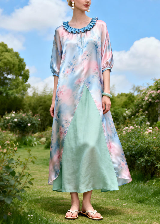 Loose Print Ruffled Patchwork Linen Silk Maxi Dresses Summer