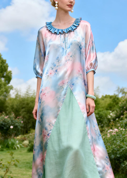 Loose Print Ruffled Patchwork Linen Silk Maxi Dresses Summer
