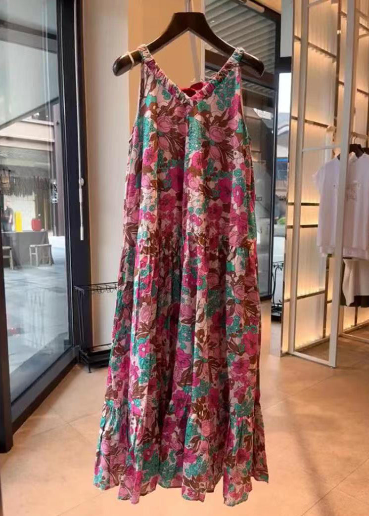 Loose Print V Neck High Waist Cotton Dress Sleeveless