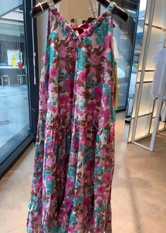 Loose Print V Neck High Waist Cotton Dress Sleeveless