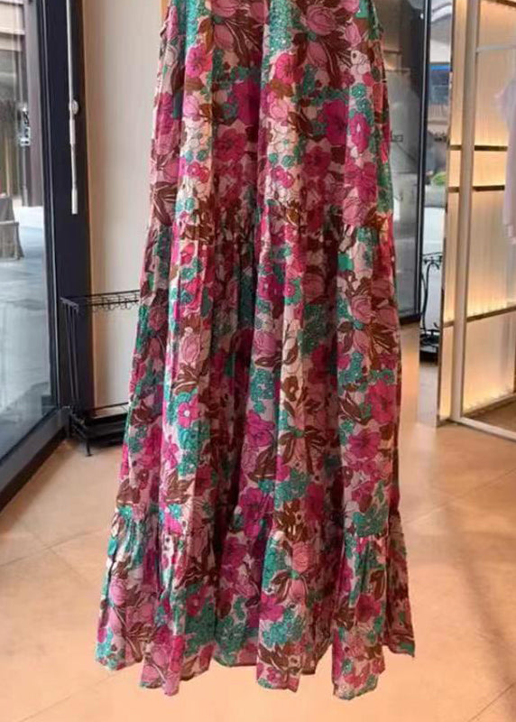 Loose Print V Neck High Waist Cotton Dress Sleeveless