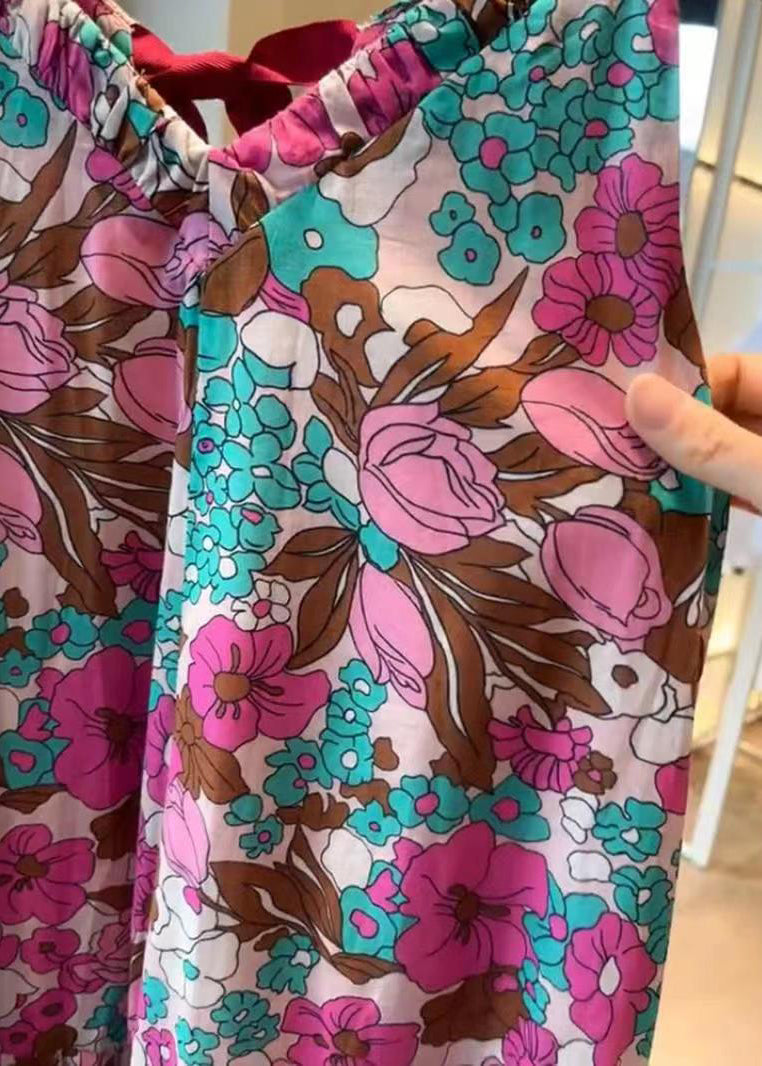 Loose Print V Neck High Waist Cotton Dress Sleeveless