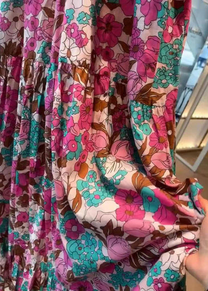 Loose Print V Neck High Waist Cotton Dress Sleeveless