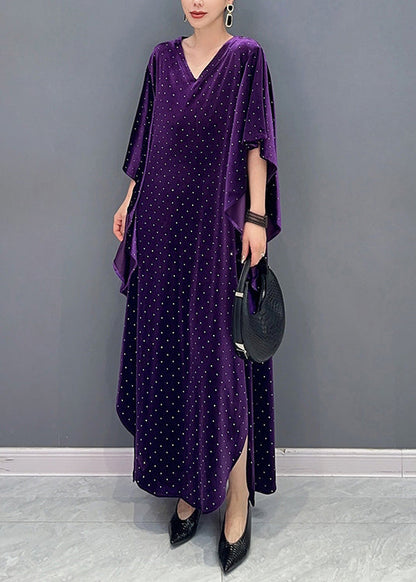 Loose Purple Asymmetrical Dot Patchwork Velour Long Dresses Fall