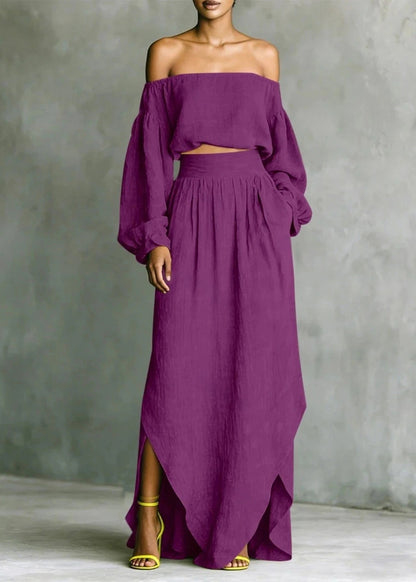 Loose Purple Cold Shoulder Top And Skirts Cotton Two Piece Set Long Sleeve