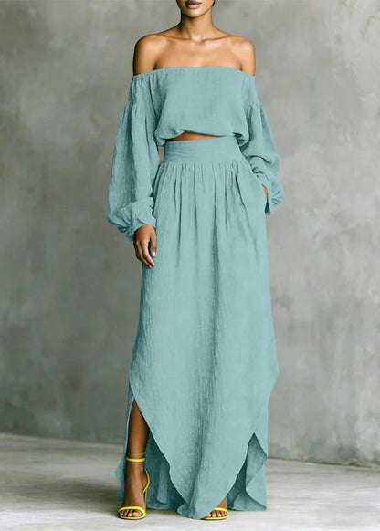 Loose Purple Cold Shoulder Top And Skirts Cotton Two Piece Set Long Sleeve