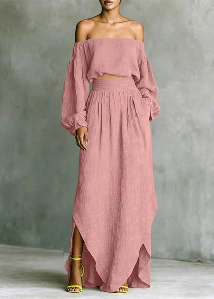 Loose Purple Cold Shoulder Top And Skirts Cotton Two Piece Set Long Sleeve