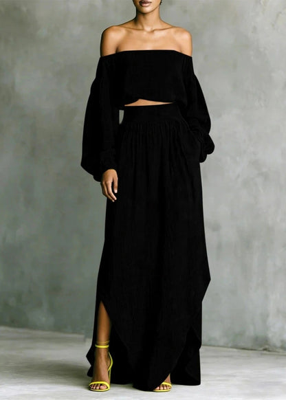 Loose Purple Cold Shoulder Top And Skirts Cotton Two Piece Set Long Sleeve