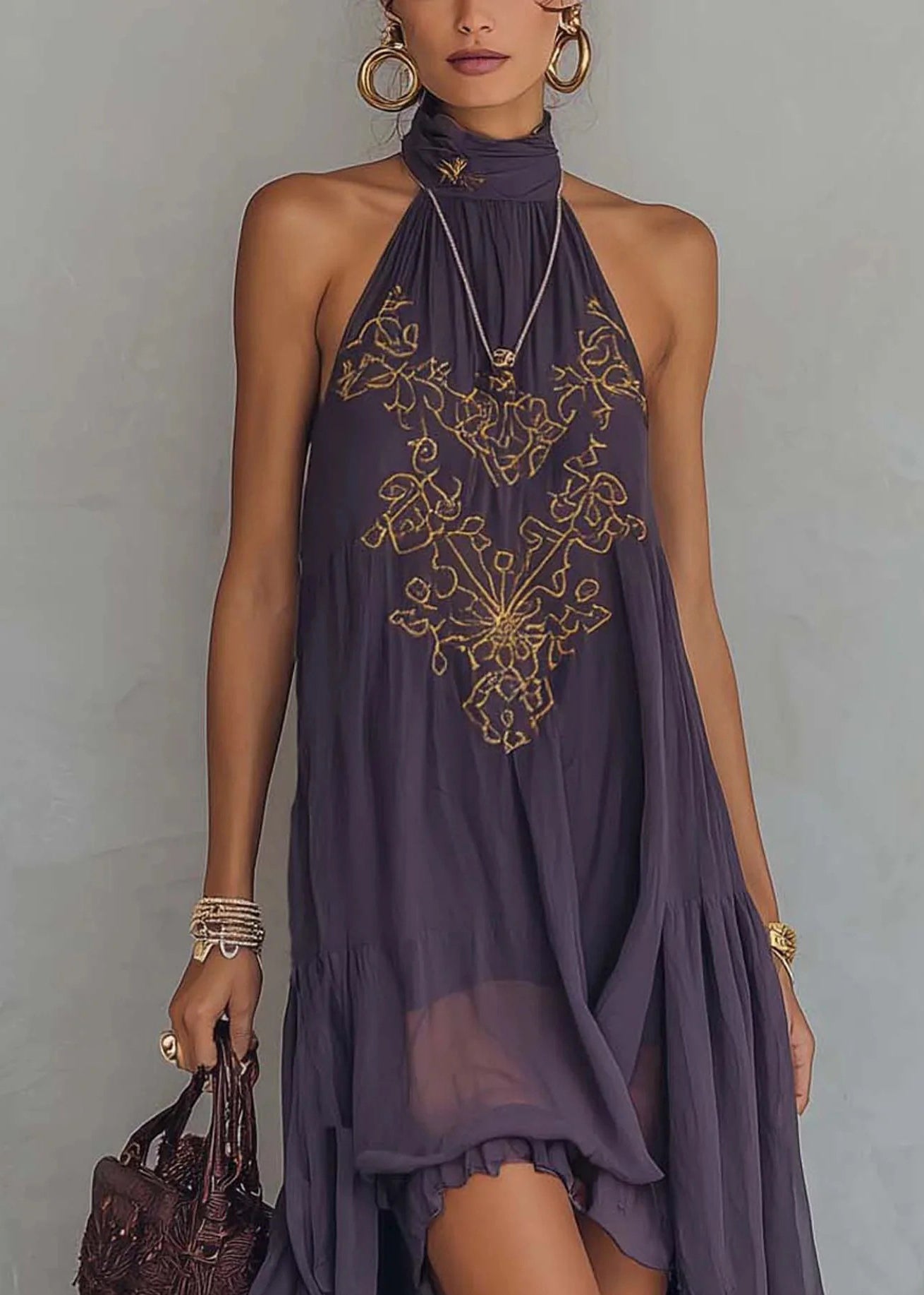 Loose Purple Embroidered Asymmetrical Design Chiffon Dress Sleeveless