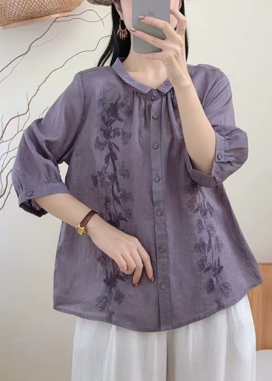 Loose Purple Embroidered Butterfly Linen Blouse Tops Summer