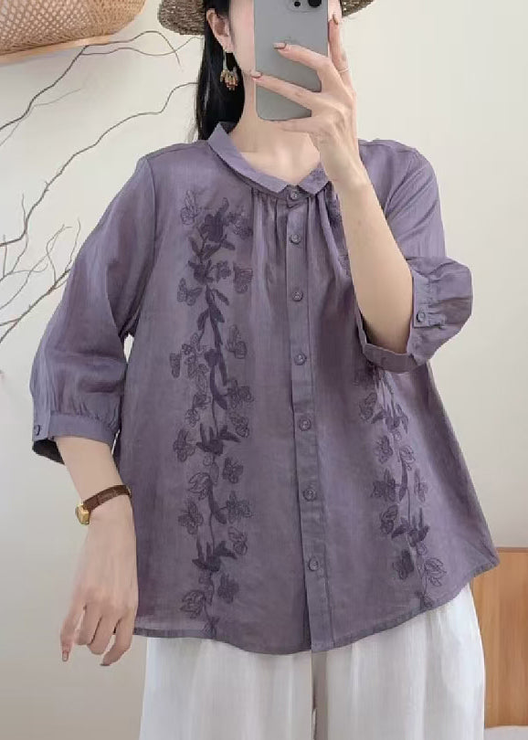 Loose Purple Embroidered Butterfly Linen Blouse Tops Summer
