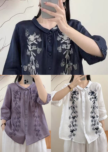 Loose Purple Embroidered Butterfly Linen Blouse Tops Summer