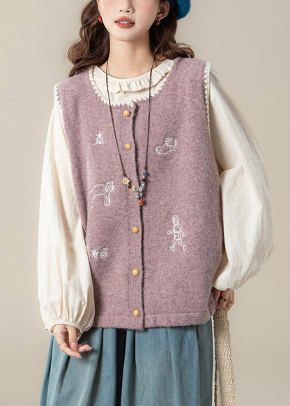 Loose Purple Embroidered Knit Vest  And Apricot Ruffled Cotton Shirts Two Pieces Set Spring