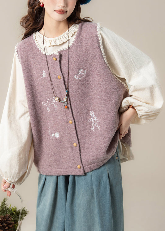 Loose Purple Embroidered Knit Vest  And Apricot Ruffled Cotton Shirts Two Pieces Set Spring
