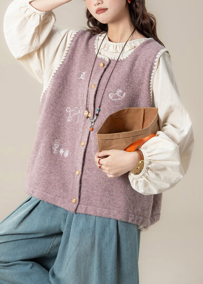 Loose Purple Embroidered Knit Vest  And Apricot Ruffled Cotton Shirts Two Pieces Set Spring