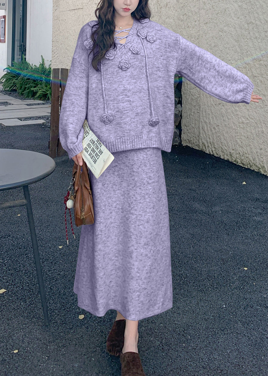 Loose Purple Floral Sweaters And Skirts Knit Two Pieces Set Winter
