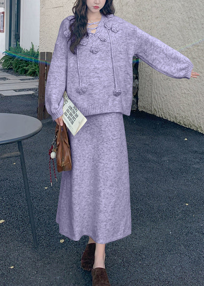Loose Purple Floral Sweaters And Skirts Knit Two Pieces Set Winter