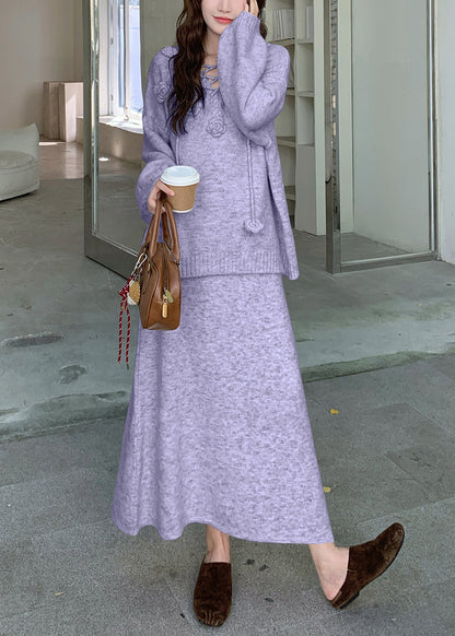 Loose Purple Floral Sweaters And Skirts Knit Two Pieces Set Winter
