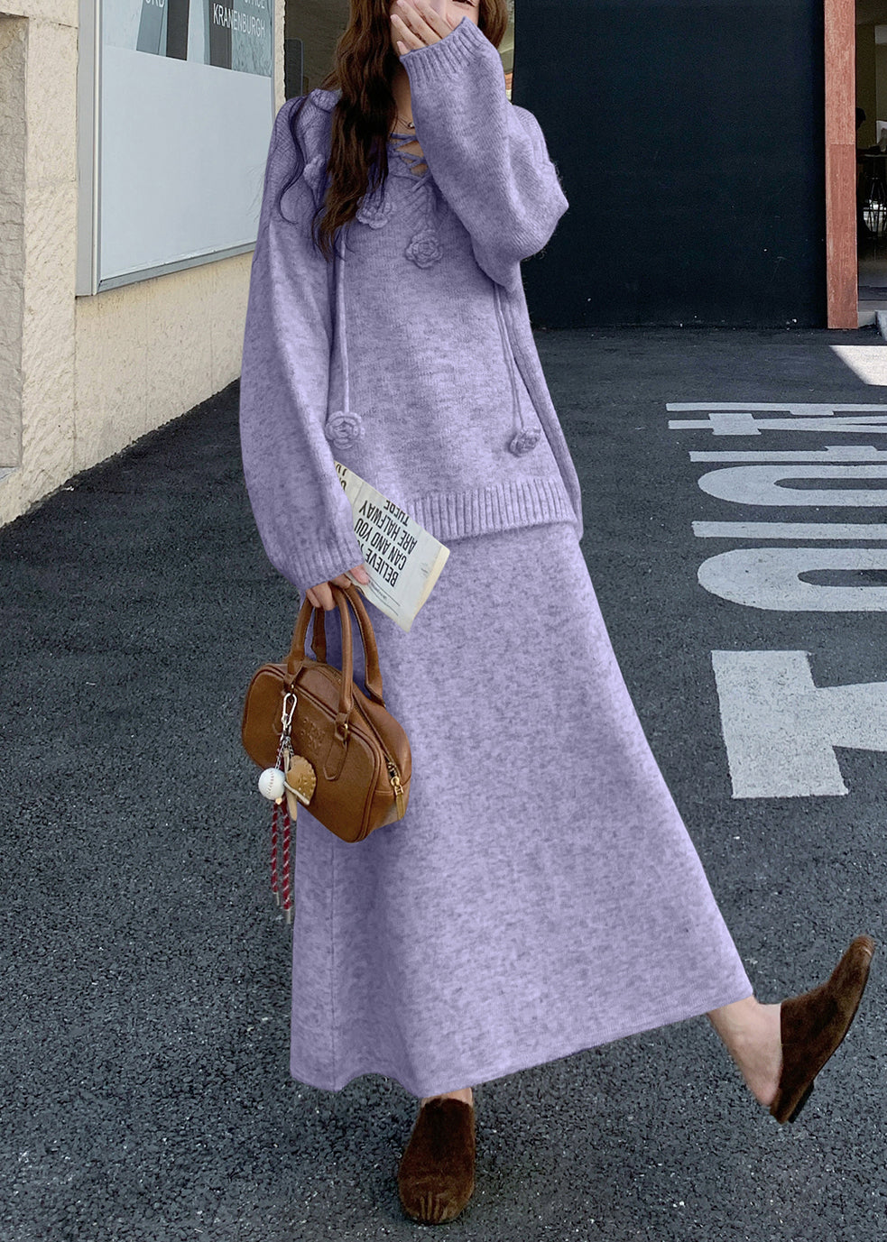 Loose Purple Floral Sweaters And Skirts Knit Two Pieces Set Winter
