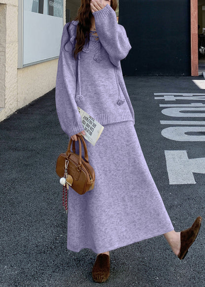 Loose Purple Floral Sweaters And Skirts Knit Two Pieces Set Winter