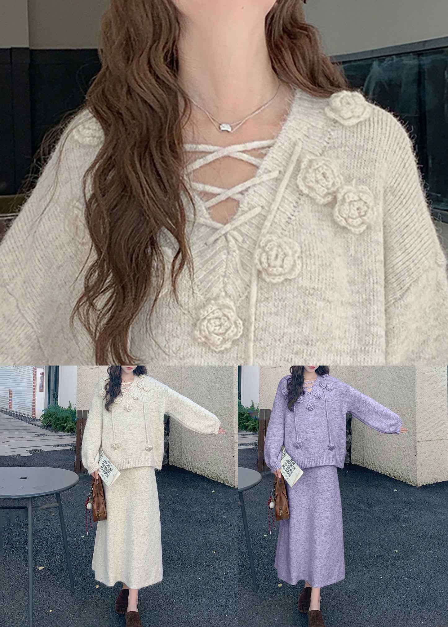 Loose Purple Floral Sweaters And Skirts Knit Two Pieces Set Winter