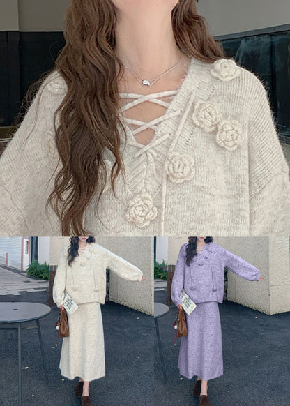 Loose Purple Floral Sweaters And Skirts Knit Two Pieces Set Winter