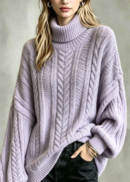Loose Purple Hign Neck Oversized Cable Knit Sweater Long Sleeve