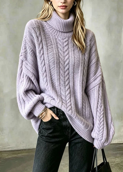 Loose Purple Hign Neck Oversized Cable Knit Sweater Long Sleeve