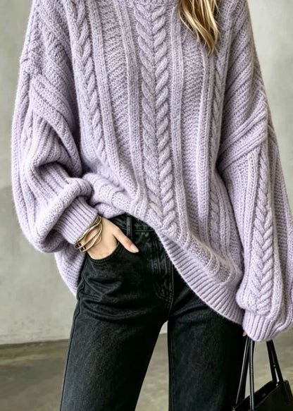 Loose Purple Hign Neck Oversized Cable Knit Sweater Long Sleeve