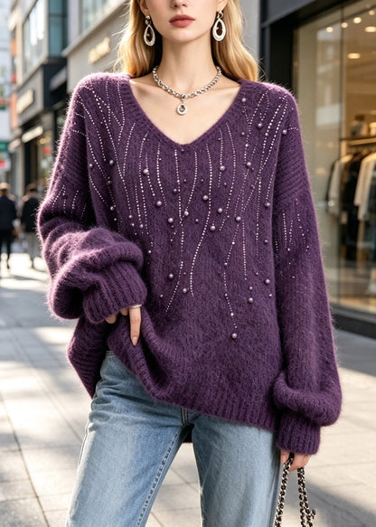 Loose Purple Nail Bead Solid Cotton Knit Sweater Fall