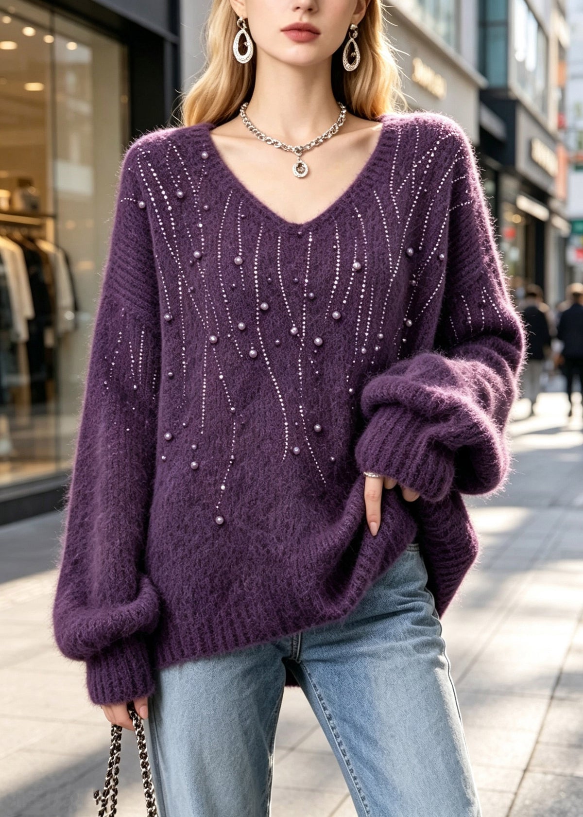 Loose Purple Nail Bead Solid Cotton Knit Sweater Fall