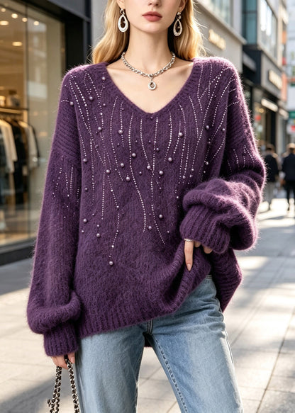 Loose Purple Nail Bead Solid Cotton Knit Sweater Fall