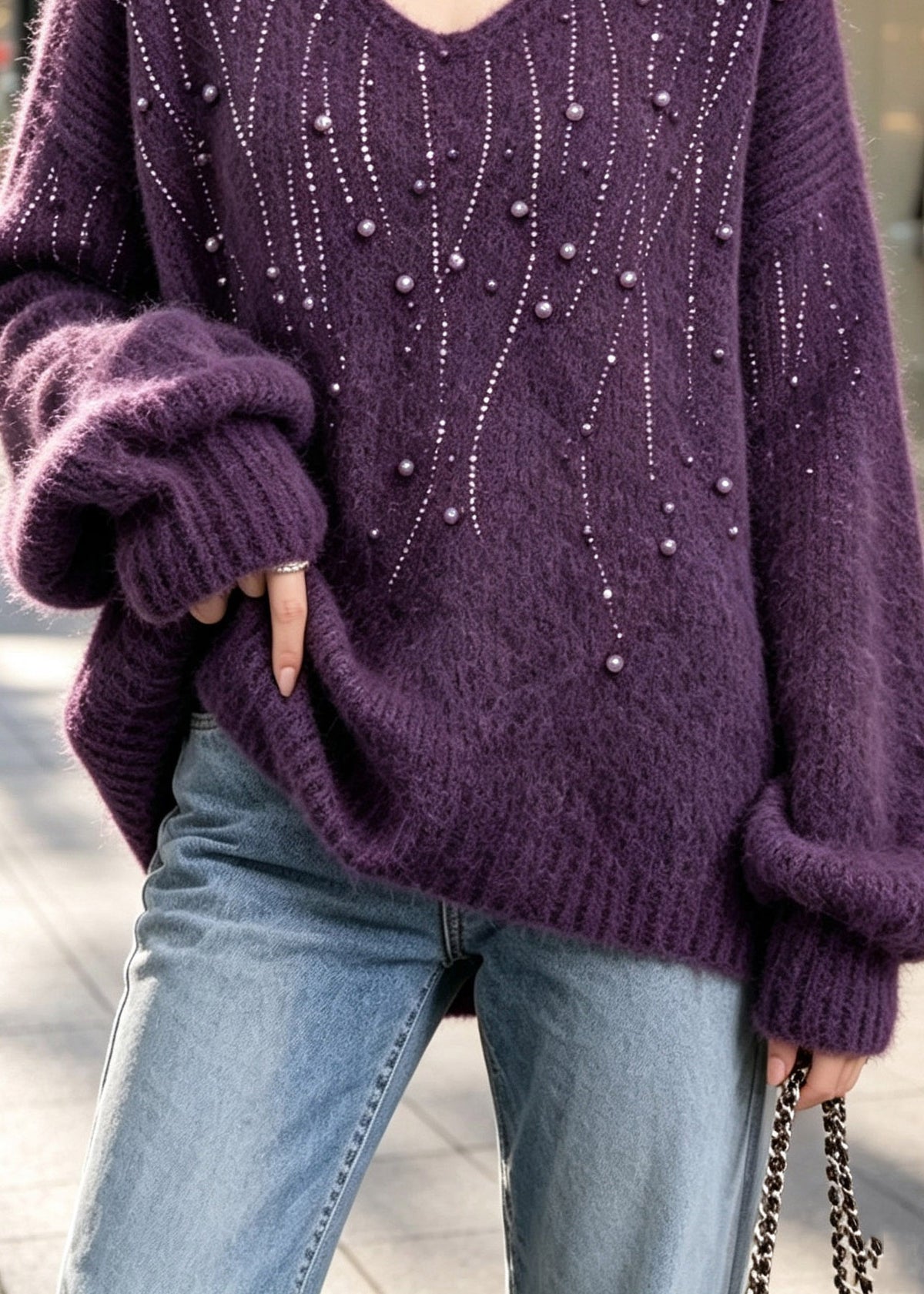 Loose Purple Nail Bead Solid Cotton Knit Sweater Fall