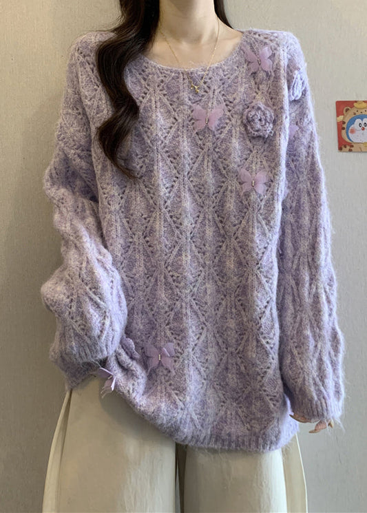 Loose Purple O Neck Butterfly Hollow Out Knit Sweater Fall